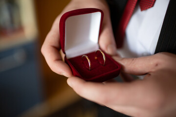 Groom Holding Wedding Rings in Jewelry Box