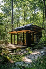 Modern eco-friendly cabin located in a dense forest, surrounded by lush greenery and natural stone pathways during bright daylight hours