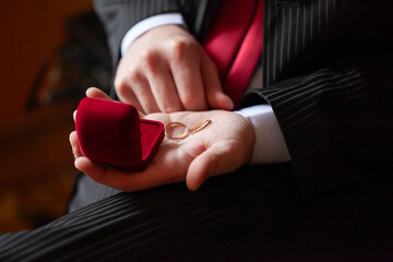 Man Holding Wedding Rings in a Velvet Box