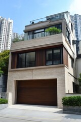 Obraz premium Modern residential building with distinct architecture and greenery in an urban setting during daylight hours, showcasing contemporary design and surrounding structures