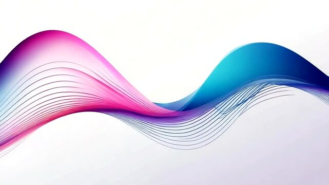 Abstract wave in shades of pink and blue, formed by multiple parallel lines, against a white background