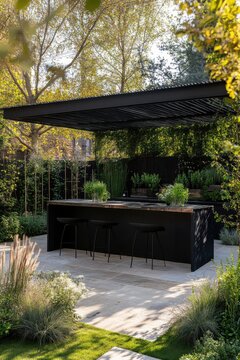 Stylish outdoor kitchen with a modern black canopy surrounded by lush greenery and serene garden landscape in the late afternoon sun