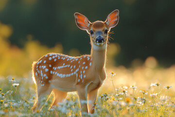 Small deer standing in field of flowers.