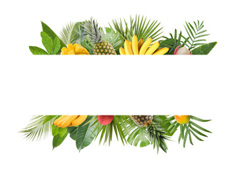 Fresh tropical fruits and green leaves on white background. Space for text