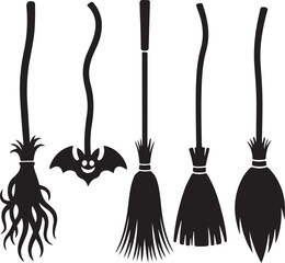 Witch broom silhouette vector bundle. Halloween broomstick icon set. broom Vector