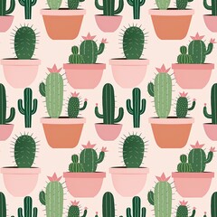 Cactus plants in pink pots seamless pattern, four tiles