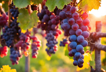 Fototapeta premium Vine grapes on tree at sunset