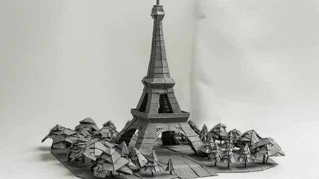 Eiffel Tower Origami Miniature Paper Model with Trees on a White Background Still Life