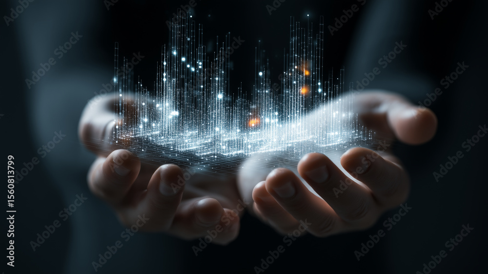 Poster hands holding holographic grid with glowing data points, futuristic technology, innovation, digital 