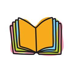 Doodle open book icon hand drawn with thin line and colorful blob isolated on white background. Vector illustration