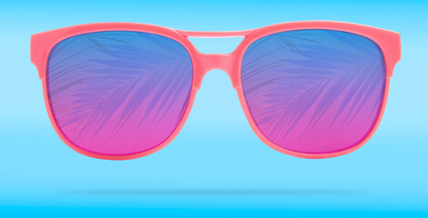 Bright sunglasses with reflection of palm on lenses against blue gradient background