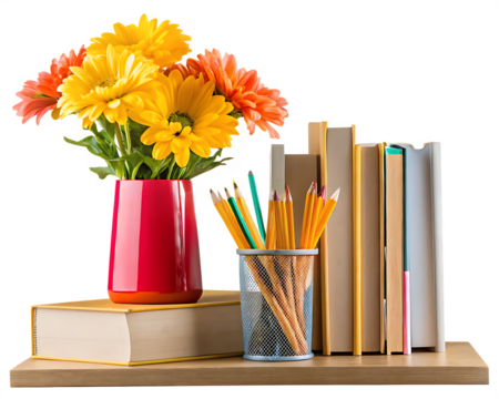 Yellow orange flowers red vase books pencils isolated on a transparent background