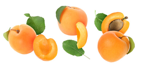 Fresh ripe apricot fruits and green leaves on white background, collage