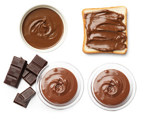 Sweet chocolate butter isolated on white, set. Top view