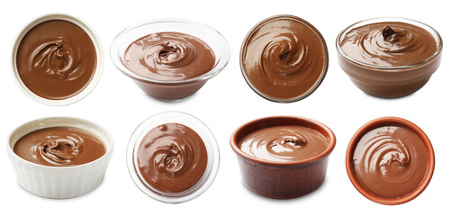 Sweet chocolate butter isolated on white, set. Top and side view