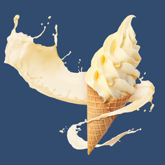 Tasty ice cream in waffle cone and milk splash against blue background