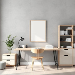 mockup frame photography for print on demand modern home office interior design Scandinavian style empty wall decor desk workspace with bookshelves concrete background ISO A4 size 3D rendering
