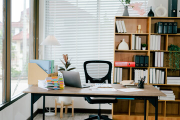 Workspace or office
Empty desk with laptop and other devices. Workspace. Free space. Copy space.