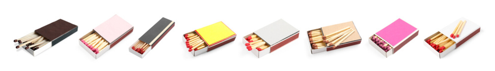 Fototapeta premium Cardboard boxes with matches on white background, set