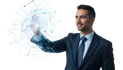 A confident businessman interacts with a futuristic digital interface, highlighting innovation and modern technology on transparent backdrop.
