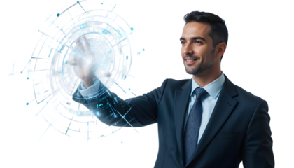 A confident businessman interacts with a futuristic digital interface, highlighting innovation and modern technology on transparent backdrop.