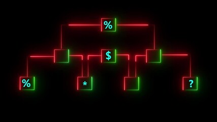 Al tools or neon box Dollar Percent.  Glowing neon line Business hierarchy monogram chart animation. on black background. Abstract Digital Network.