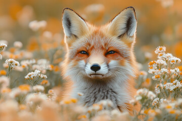 Fototapeta premium Fox in field of flowers.