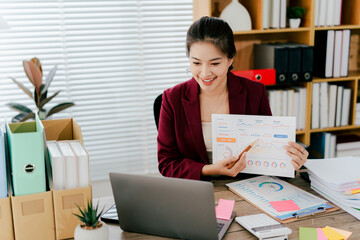 Young woman in online meeting using laptop. Young woman studying online.