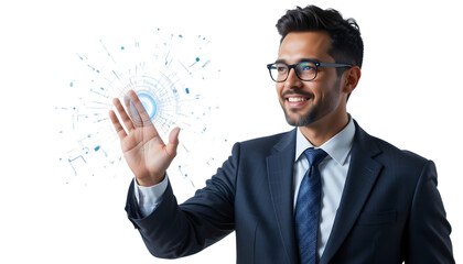 Smiling businessman interacts with digital technology and virtual data display on a transparent background, wearing suit and glasses.