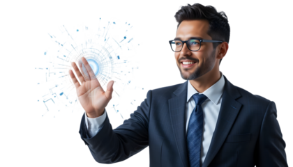 Smiling businessman interacts with digital technology and virtual data display on a transparent background, wearing suit and glasses.