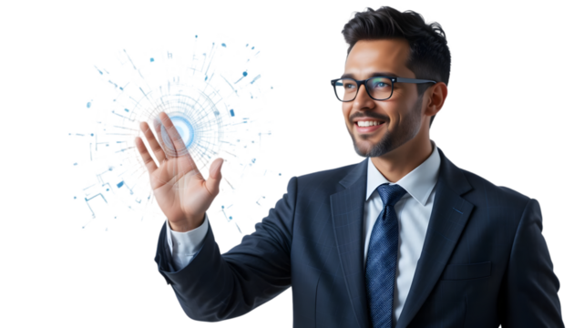Smiling businessman interacts with digital technology and virtual data display on a transparent background, wearing suit and glasses.