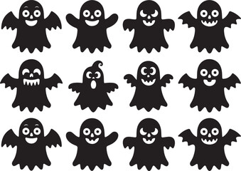 Fototapeta premium Cute black and white Halloween Ghost silhouette set. Funny cartoon Halloween elements and spooky vector icons
