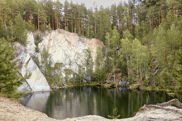 Forest Lake with Rocky Cliff Surrounded by Pine Trees