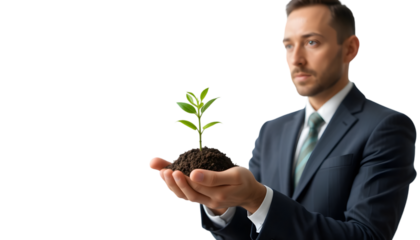 A businessman gently holds a green plant sprout with soil, symbolizing growth, investment, sustainability, and new beginnings against a black background.