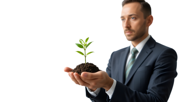 A businessman gently holds a green plant sprout with soil, symbolizing growth, investment, sustainability, and new beginnings against a black background.