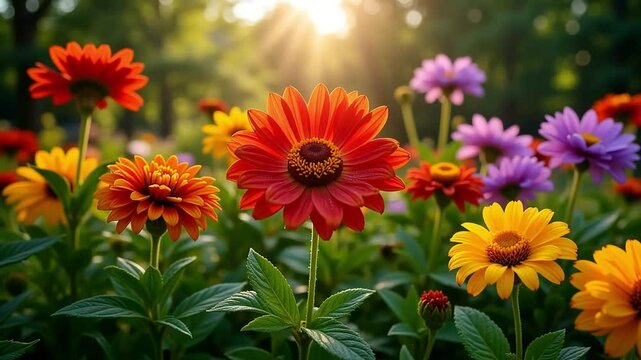 Vibrant summer garden flowers in golden hour sunlight, colorful blooming zinnias and daisies, sun flare over a lush floral meadow at sunset