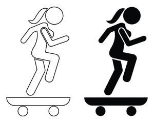 Skateboard icon with woman. Side modern skateboard icon fill and outline vector illustration website graphic design. Person riding a skateboard with confidence. Vector illustration.