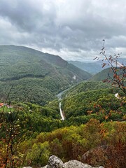 Panoramic View of Mountain Valley with River and Forest in Autumn