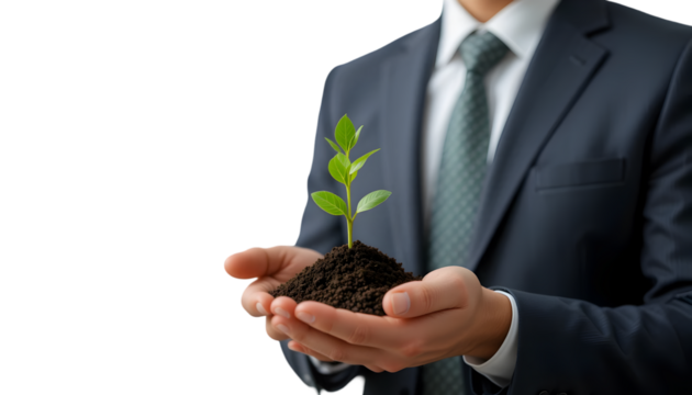 Businessman presents a small seedling growing from soil, symbolizing growth, sustainability, and investment potential against a black backdrop.