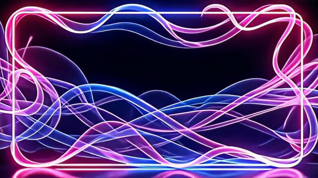 Dive into a wondrous display as the Glowing abstract Border Frame with curved neon tendrils emerges, encircled by vibrant, swirling light waves that ebb and flow mystically, creating a