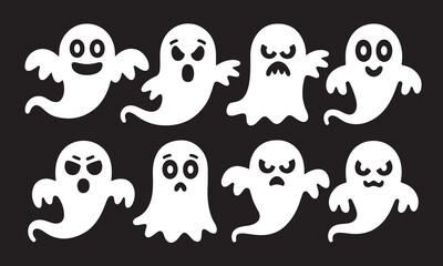 Cute black and white Halloween Ghost silhouette set. Funny cartoon Halloween elements and spooky vector icons