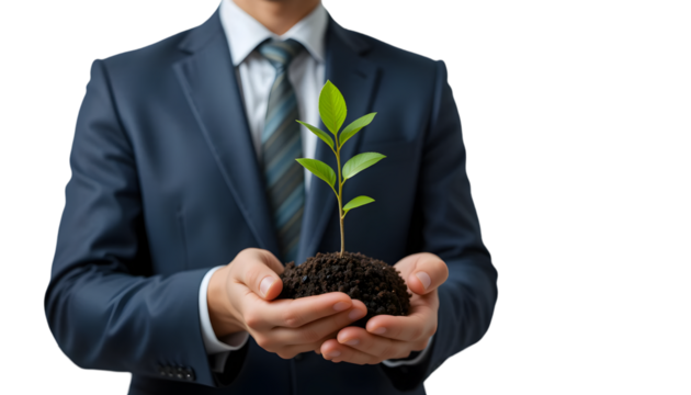 A businessman holds a young green seedling with soil, symbolizing growth, investment, and environmental responsibility against a clean black background. - Powered by Adobe