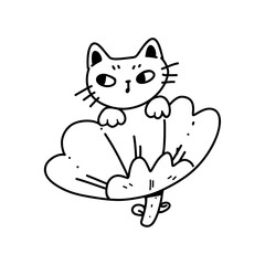 Vector image of a cute cat sitting on a flower with beautiful petals in outline style. Perfect for typography design with kawaii characters.