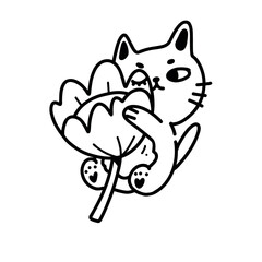 Vector image in outline style with an adorable kawaii style cat playing with a flower . Perfect for typography projects, character designs and whimsical decorative elements.