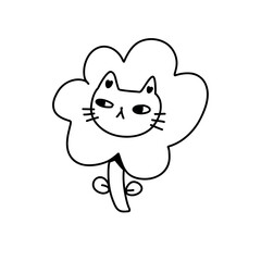 Vector image of a cute cat in a daisy flower with beautiful petals in outline style. Perfect for typography design with kawaii characters.