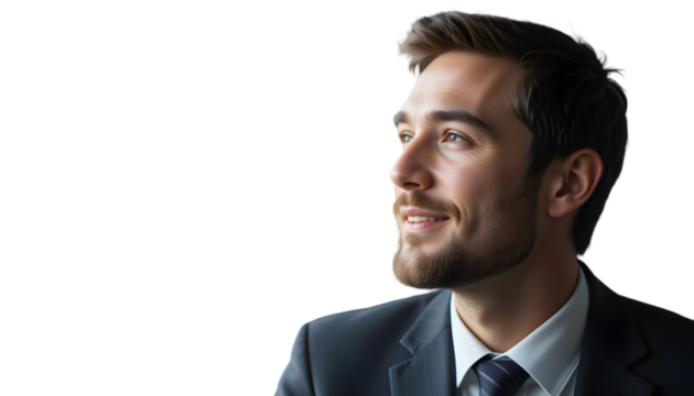 Portrait of a handsome young businessman with a slight smile, exuding confidence and professionalism against a dark background.