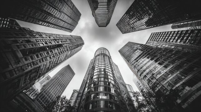 Looking up at towering skyscrapers in an urban downtown setting, the buildings reach for the cloudy sky, showcasing modern architecture and glass facades.