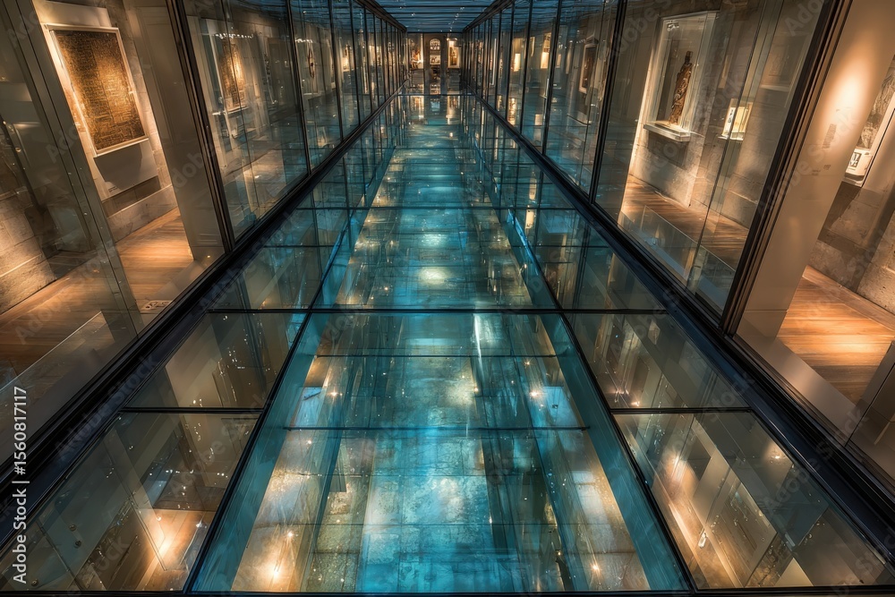 Poster modern glass walkway bridge with illuminated water feature and reflection design in contemporary arc