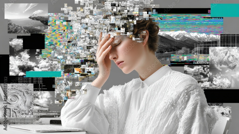 Poster young woman with hand on forehead wea white blouse sitting at desk with computer experiencing techni