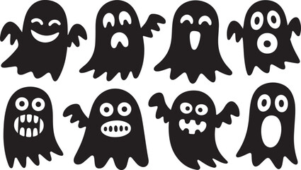Cute black and white Halloween Ghost silhouette set. Funny cartoon Halloween elements and spooky vector icons